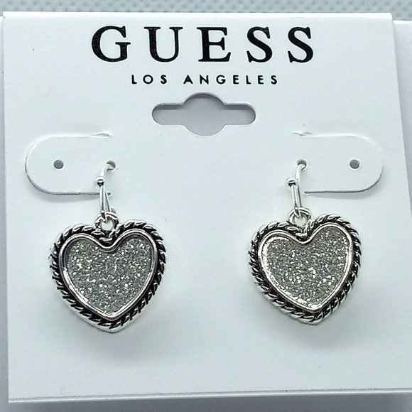 Guess Silver Tone Glittery Rope Outlined‎ Heart Dangle Drop Pierced Earrings - Picture 1 of 4